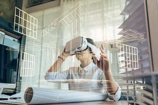 Woman building architecture in the metaverse with VR