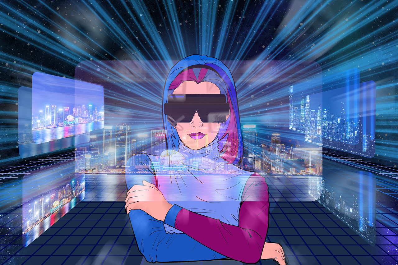 Woman with pink and blue hair with VR goggles is exploring the metaverse